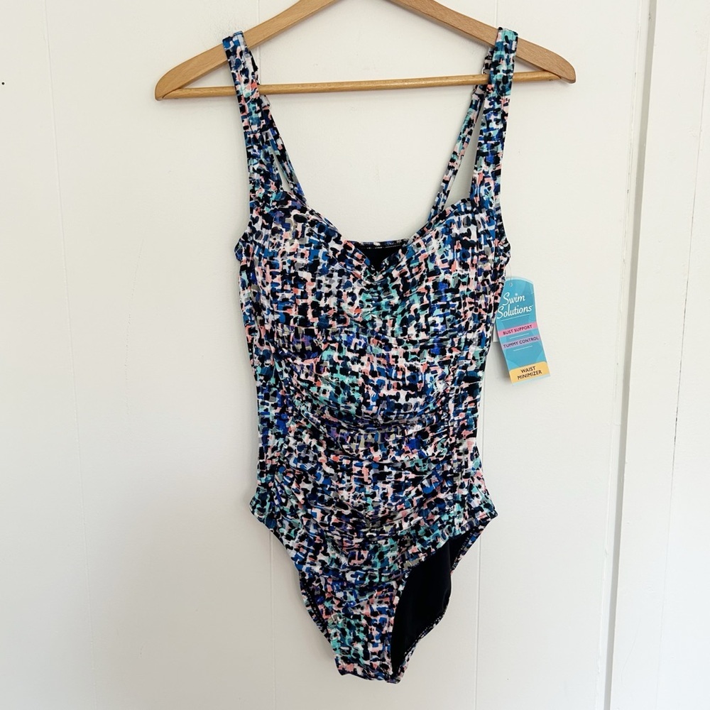 Swim Solutions Women Shirred-Front Tummy Control One Piece Swimsuit Sz 12 10598 - Picture 2 of 9